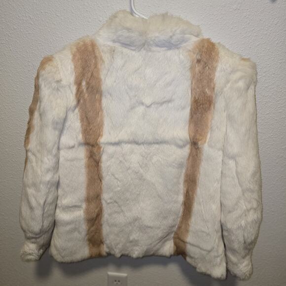 Genuine Rabbit Fur Jacket Cream & Tan French Origin Satin Lined Hook & Eye Med - Picture 2 of 14